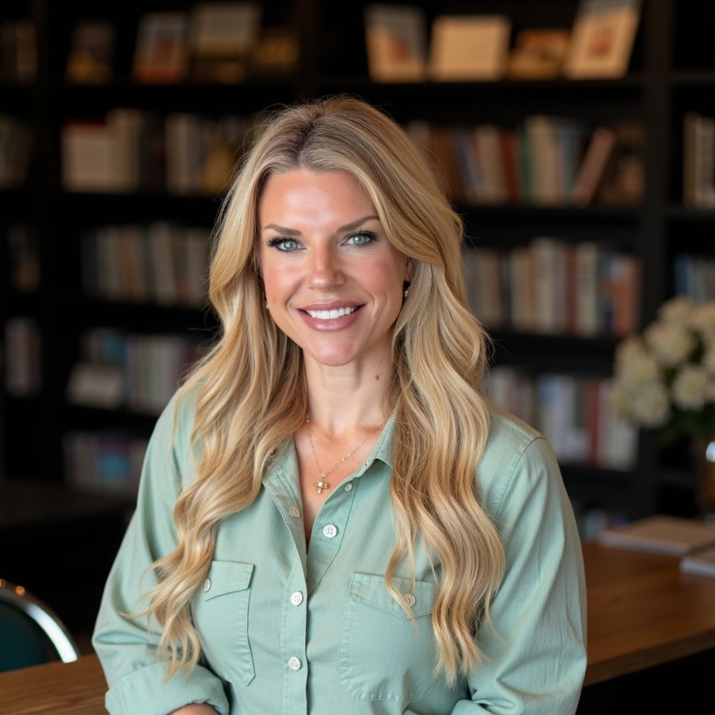 Jennifer Jean in a light green shirt with books
